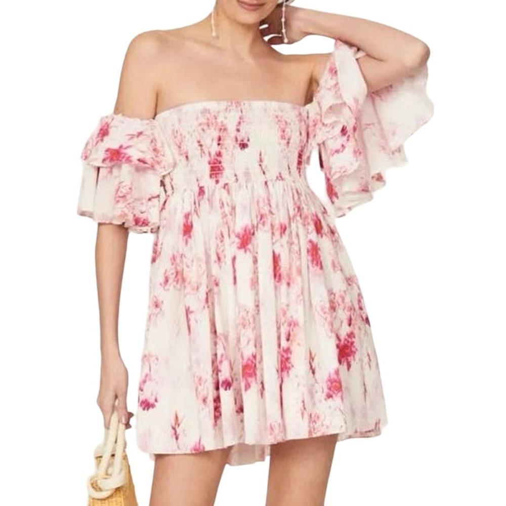 MISA Dina Off The Shoulder Pink Floral Smocked Mini Dressn-Sz Large